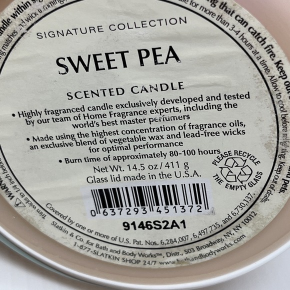 Bath & Body Works Sweet Pea Candle Signature Collection Single Wick 14.5oz Unlit - Picture 5 of 10